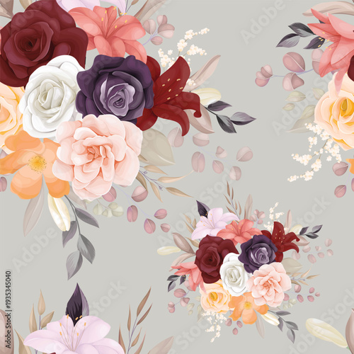 Elegant Floral Seamless Pattern with Colorful Roses and Lilies