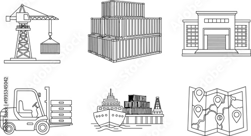 Set of line art icons representing logistics, shipping, and transportation services