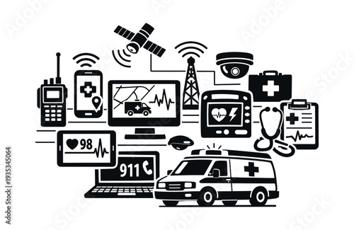 Emergency medical services network connecting medical devices, vehicles, and communication tools for fast response and patient care