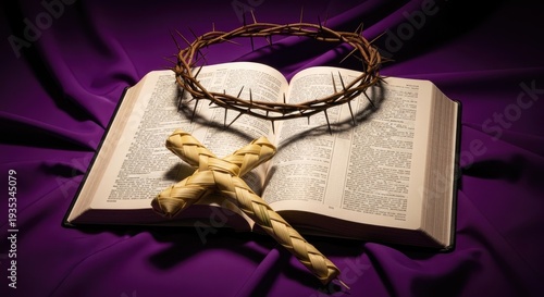 A crown of thorns resting on an open Bible with a cross on top.