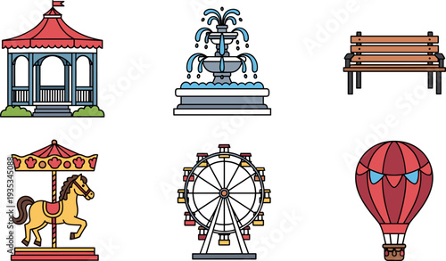 Colorful amusement park icons featuring a gazebo, fountain, and more