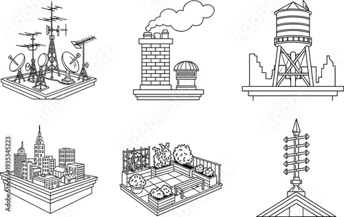 Collection of rooftop elements including communication towers, water tower, and urban garden
