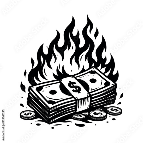 Money burning, illustrating financial crisis, inflation, and economic loss. Stacks of cash and coins ignite in flames