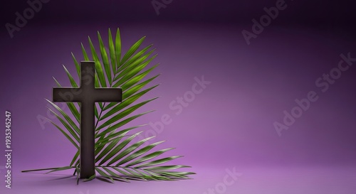 A black cross with green palm leaves on a purple background.
