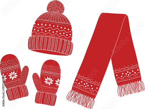 Winter knitted accessories set with red hat scarf and mittens with Nordic pattern vector illustration