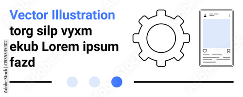 Gear and smartphone interface with placeholder text, dots, and lines. Ideal for technology, mobile app, UIUX, innovation, settings, software simple landing page
