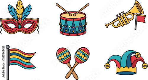 Colorful carnival icons with mask, drums, trumpets, and maracas