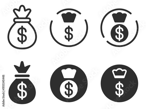 Money Bag Icon with Dollar Sign in Flat and Outline Style for Finance, Banking and Currency Transaction Concept, Minimal Vector Symbol for Web and App Interface Design.