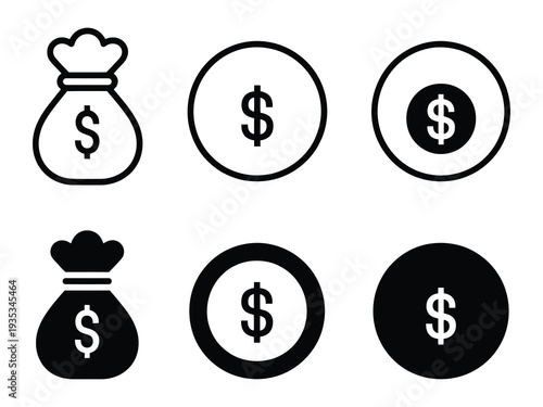 Money Bag Icon with Dollar Sign in Flat and Outline Style for Finance, Banking and Currency Transaction Concept, Minimal Vector Symbol for Web and App Interface Design.
