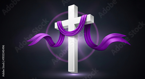 A white cross with purple ribbons and a dark background.