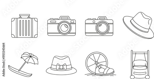 Travel and vacation themed icons in a minimalist line art style