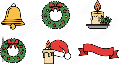 Colorful Christmas icons including bell, wreath, candle, and ribbon