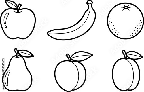 Hand-drawn illustrations of assorted fruits including apple, banana, and orange