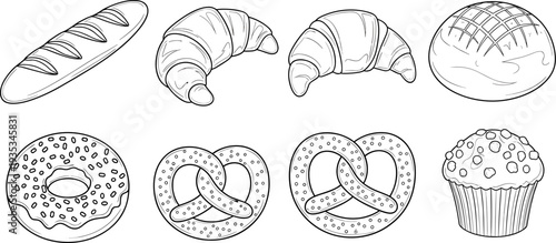 Collection of delicious baked goods including a baguette, croissants, pretzels, donut, and muffin