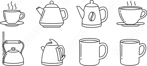 Stylized line art of various coffee and tea utensils and cups
