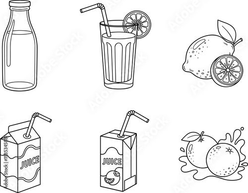 Collection of hand-drawn beverage and fruit icons for healthy lifestyle and refreshment
