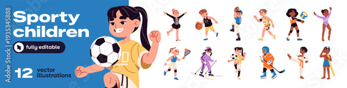Child sports set. Happy kids play games: football, volleyball, ice hockey, soccer, basketball and baseball. Children are skiing, running and training. Flat isolated vector illustrations on white