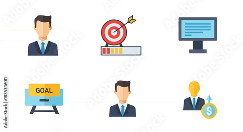 A businessman aims for success with a target and computer screen displaying goals and finance