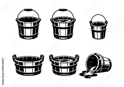 Wooden bucket and basin collection showcasing various shapes and sizes. Containers include full, empty, and spilling water