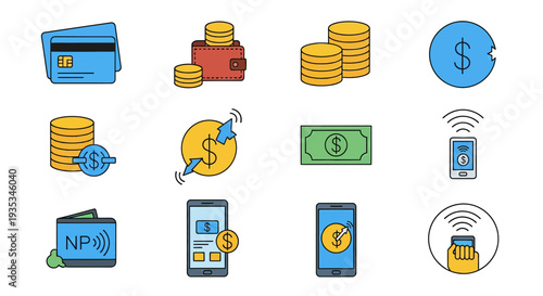 A collection of various financial icons and symbols representing money and payment methods