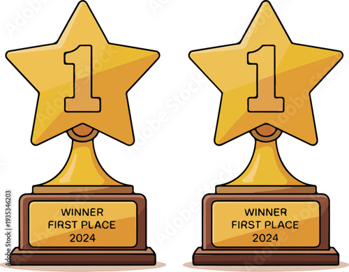 Minimalist hand drawn line art vector of two star trophies on wooden bases for first place achievement awards.