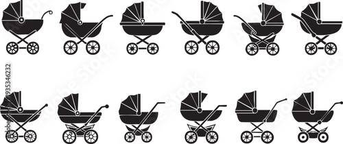Ten black baby strollers in different positions on white background pram silhouette