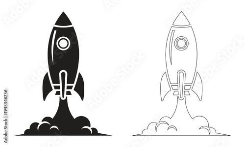 Monochrome illustration of a rocket launching with solid silhouette and outline versions