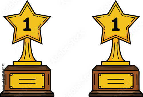 Minimalist hand drawn line art vector of two star trophies on wooden bases for first place achievement awards.