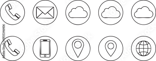 Ten black line on white background including phone handset, email envelope, cloud, smartphone, location pin, and globe