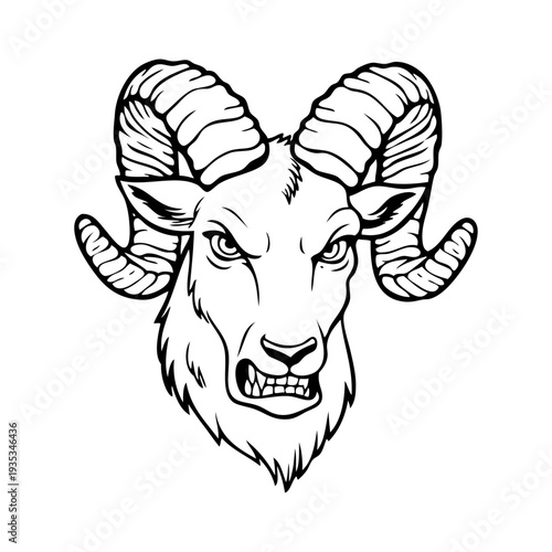 Dibujo sencillo con líneas de la cabeza de un carnero de montaña enojado 