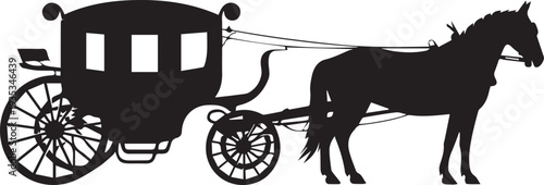 Black silhouette of a classic horse-drawn carriage with a single horse and driver