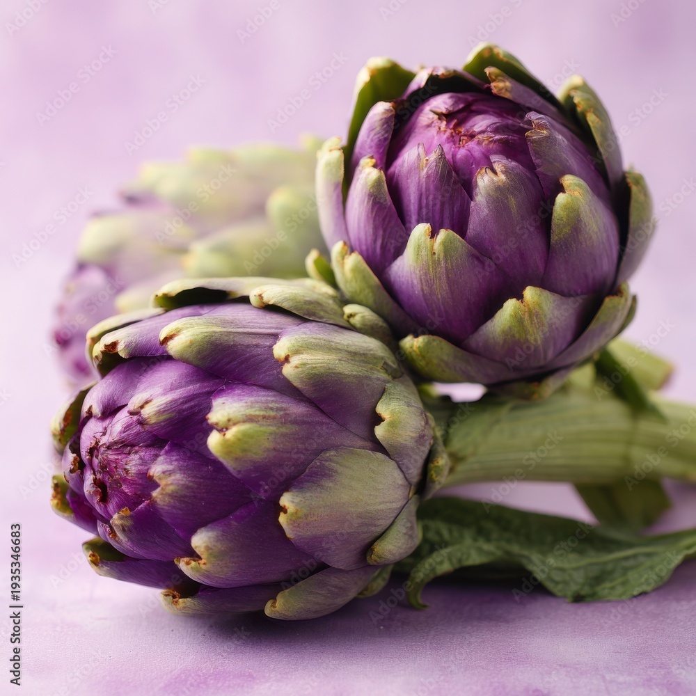 Obraz premium Fresh purple artichokes are displayed against a matching pale purple background