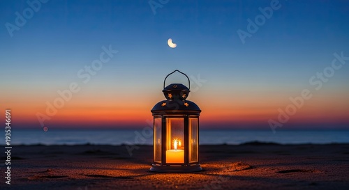 A vintage lantern illuminates a sandy beach at twilight. A single candle burns brightly within the lantern, casting a warm glow on the surrounding sand.
