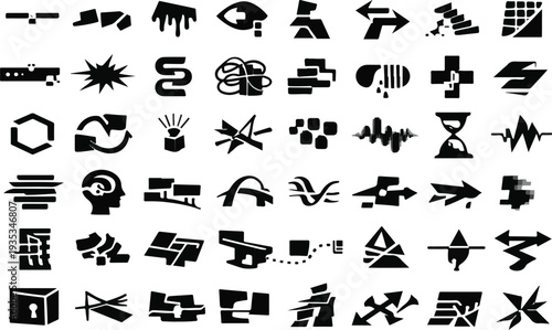 Black Minimalist Abstract Vector Shapes, Modern Y2K Aesthetic Icons Collection for Graphic Design.