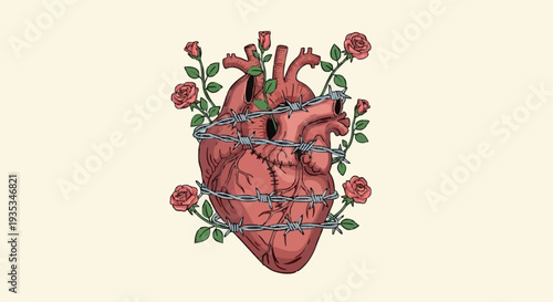 Anatomical Heart Entwined with Barbed Wire and Delicate Roses, Symbolizing Pain, Love, and Resilience