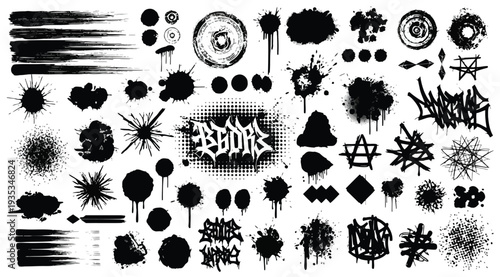 Collection of various black grunge textures and graffiti elements isolated on white background for creative design