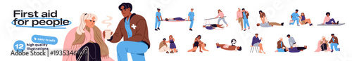 Emergency first aid set. Doctors and paramedics rescue victims of accidents, heart attack, injuries and traumas. Help for people, CPR, bandaging. Flat isolated vector illustrations on white background