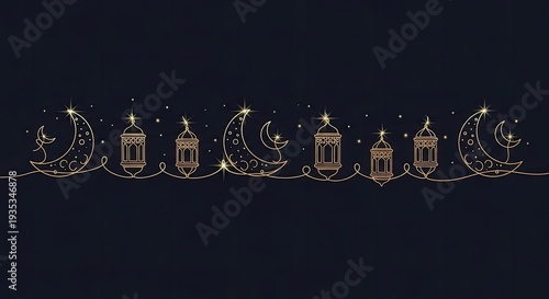A dark blue background features a line drawing of a crescent moon with golden lanterns and stars. The crescent moon is depicted in multiple stages, with each phase illuminated by a golden lantern.