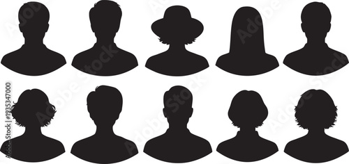 Ten black silhouette figures of people with various hairstyles on white background black silhouettes