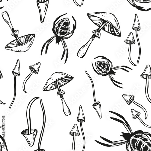monochrome vector seamless pattern of toadstool, mushrooms, spider, forest plant, toxic autumn, witchcraft, black illustration of poisonous lamellar, hand drawn sketch of mystic potion, fairy tale