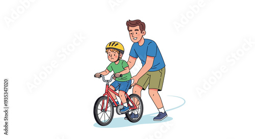 Vector illustration of a man helping a child ride a bicycle