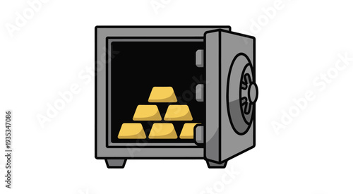 Open Safe with Gold Bars Inside Cartoon Illustration for Investment, Asset Protection and Financial Security Theme