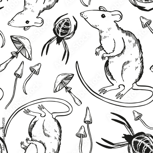 monochrome vector seamless pattern of sitting rat, toadstool, mushrooms, spider, toxic autumn, witchcraft, black illustration of poisonous lamellar, hand drawn sketch of mystic potion, fairy tale