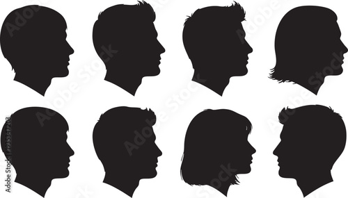 Ten black silhouettes of people's heads in profile on white background profiles