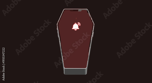 The digital coffin of modern addiction, symbolizing the demise of real-world engagement and time lost to endless smartphone notifications, with a stark bell icon
