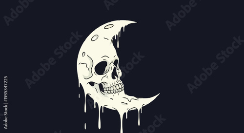 Dark fantasy illustration of a melting crescent moon transforming into a skull, dripping liquid against a deep night sky background, evoking a sense of eerie mysticism and gothic horror