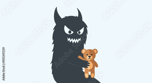 A spooky shadow monster embracing a small teddy bear, symbolizing the contrast between fear and comfort