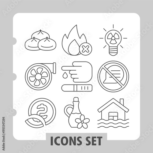 Set of nine thin line icons, collection depicts diverse modern themes including food, health, safety, environment and finance. Ideal for digital projects on white background.