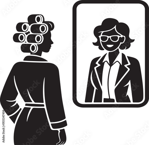Woman with hair rollers looking at mirror reflection silhouette vector illustration, female beauty routine and hairstyle preparation concept icon, elegant lady checking appearance isolated on white ba