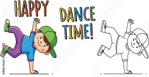 Playful Cartoon Boy Breakdancer in Green Cap Performing One Hand Stand Freeze Move for Kids Dance Class Youth Fitness and Happy Dance Time Concept Design